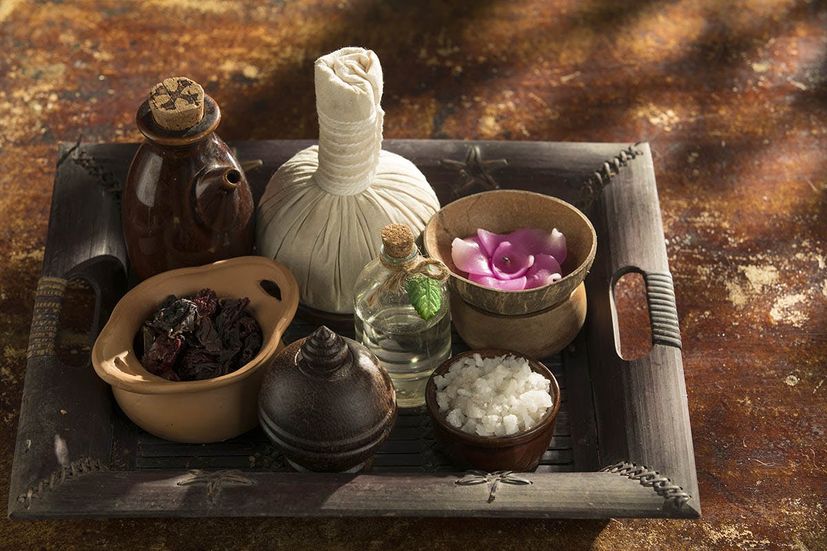 a tray full of items at a spa
