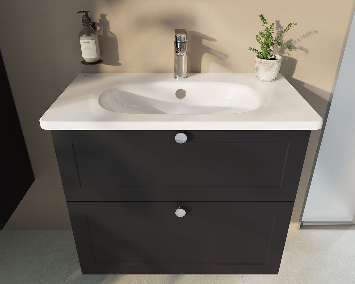 bathroom furniture range in graphite with white basin
