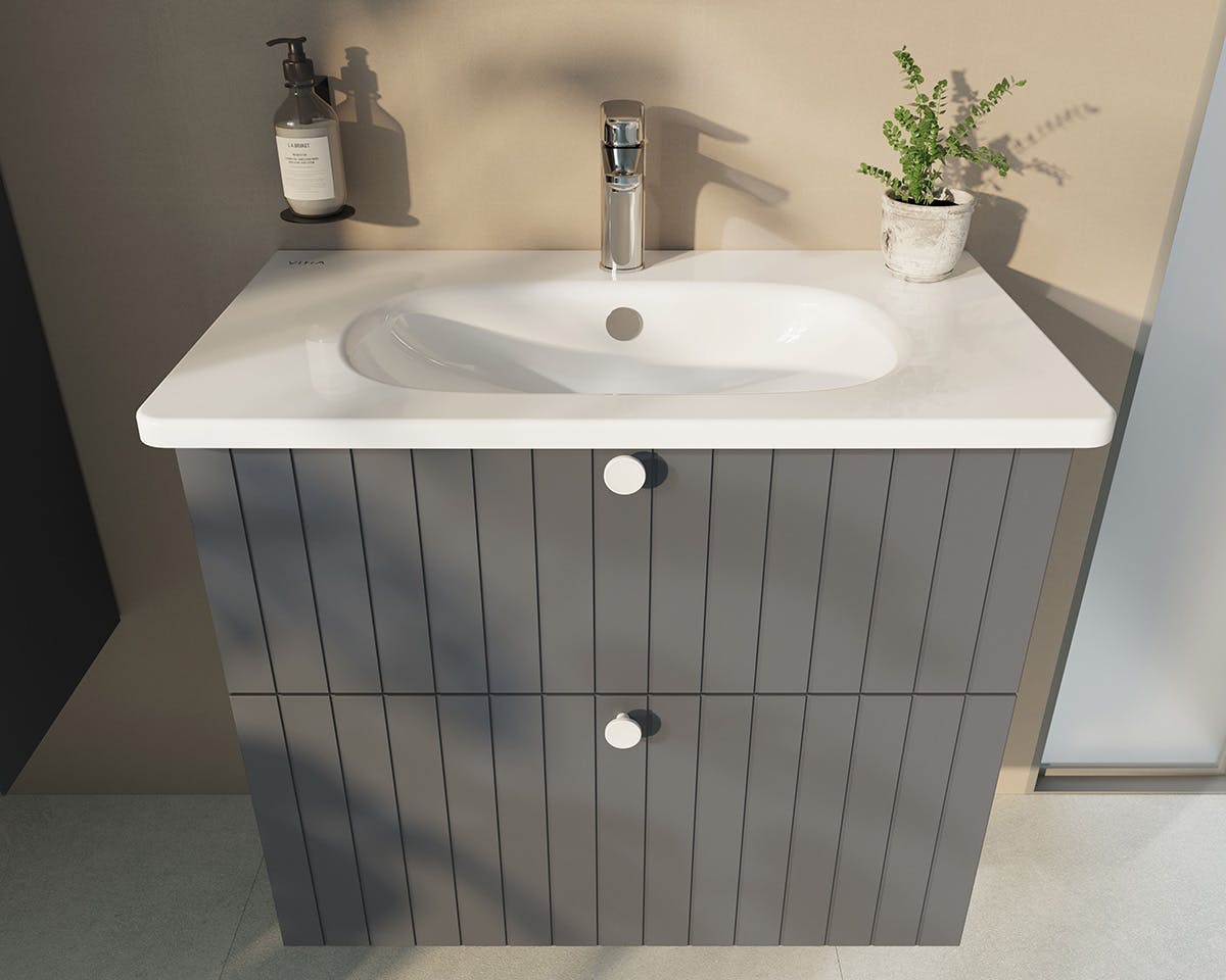 bathroom furniture range in Groove grey with white basin