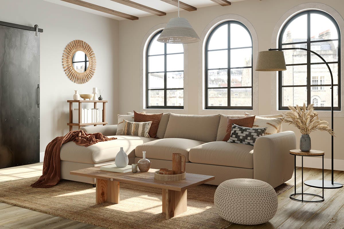oatmeal-toned sofa in neutral living room