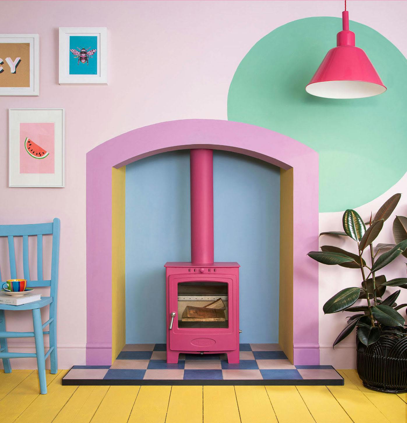 barbiecore decor featuring a hot pink stove